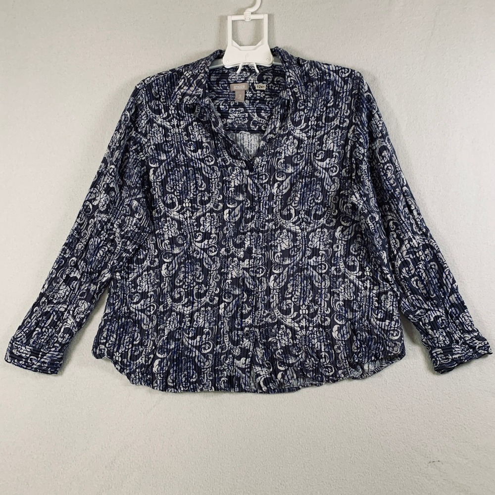 Chico's Button Up Long Sleeve V Neck Blouse Top Paisley Gray Blue Size 3 (XL/16)